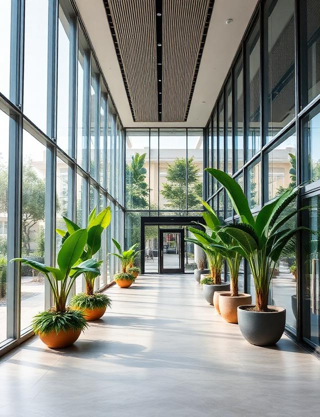 Modern lobby with glass walls and indoor plants